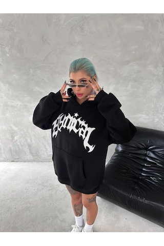 De'charme Unisex Üç İplik Kapşonlu Baskılı Sweatshirt - Siyah