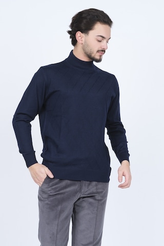 Woolen World Erkek Desenli Yarım Balıkçı Triko Yün Kazak 5596983 Lacivert