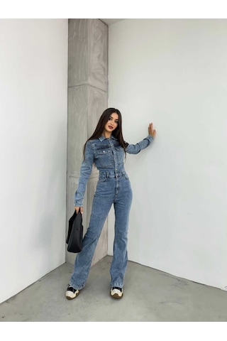 Shevega Kadın Mavi Ispanyol Paça Ceketli Denim Tulum Mavi