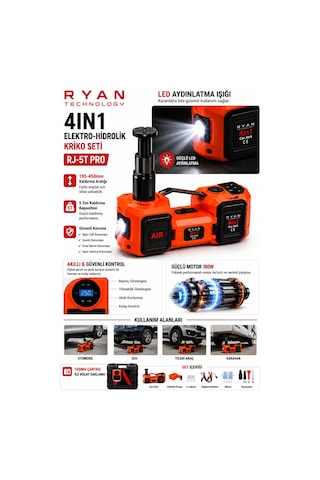 5 Ton Hidrolik Araç Krikosu 12v 4in1 Elektrikli Kriko Seti Hava Kompresörü Bijon Sökme Anahtarı Lastik Değiştirme Led Rj-5t Pro