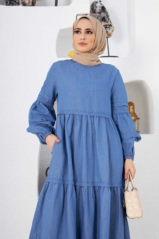 Neways 6510 - Fırfırlı Büzgülü Elbise Mavi
