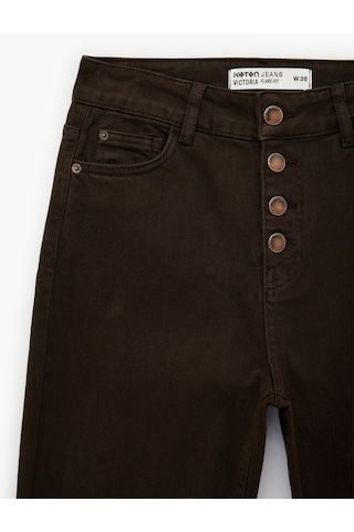 Koton Yüksek Bel Düğme Detaylı Cepli Dar Kesim İspanyol Paça Denim Pantolon - Flare Jeans Koyu Kahverengi 6sal40070mw Koyu Kahve