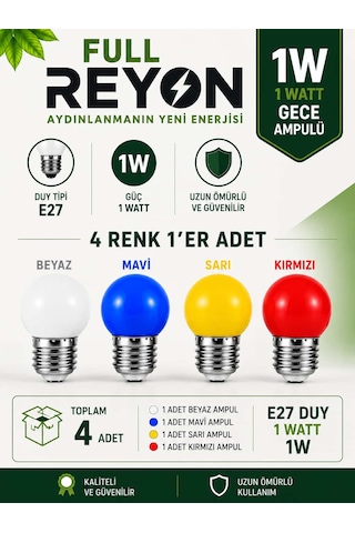 1 Watt 4 Adet 4 Renk E27 Duy Renkli Gece Ampulü, Loş Işık Sevenler İçin Ağaç Feneri Ampulü - 4 Renk 1 Watt 4 Adet 4 Renk E27 Duy Renkli Gece Ampulü, Loş Işık Sevenler İçin Ağaç Feneri Ampulü - 4 Renk