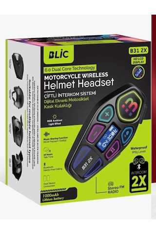 Blic B31 2x Motosiklet Kask Interkom Kulaklık 2 Li Eşleşme, Bluetooth 5.0, Fm Radyo, Rgb Işıklı, 1000mah Batarya,