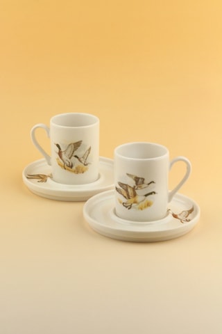 Su Kuşları İki Kişilik Porselen Kahve Fincan Takımı Beyaz