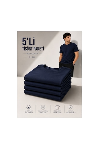 Masion Rae Erkek 5'li Basic Regular Fit Tişört Seti %100 Pamuk Bisiklet Yaka Lacivert Renk
