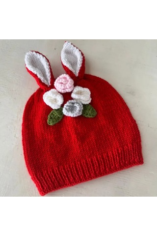 Uretti - Nur 3637 - El Yapımı Tavşan Detaylı Bere - Patik - Tulum 3'lü Takım - 0 -1 Yaş Bordo