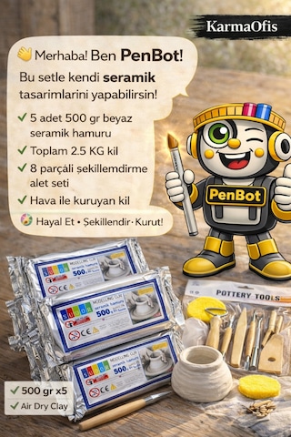 Seramik Hamuru Seti 5x500 Gr + 8 Parça Şekillendirme Alet Seti Air Dry Kil Modelleme Seti Krem