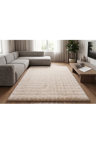 Bubble Tavşan Tüyü Bej Yumuşak Yıkanabilir Tabanlı Peluş Halı