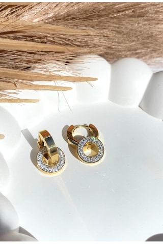 Altın / Gold Renk Zirkon Taşlı Diskli 316l Çelik Küpe