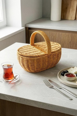 Digithome Oval Hasır Rattan Mini Kulplu Sepet - Bb6069 Turuncu