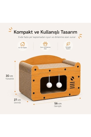 Kedi Tırmalama Evi - Ahşap Kedi Oyun Evi 56x27x30 Cm - Karton Tırmalama Tahtalı Uyku Yuvası - Sallanan Top Oyuncakl