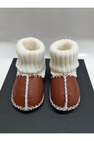 Xmlbayiciniz Lona Sanat Bebek Unisex Organik Kuzu Derisi İlk Adım Ayakkabısı Panduf Patik - Ng3001 Kahverengi 12-18 Ay Siyah - Beyaz