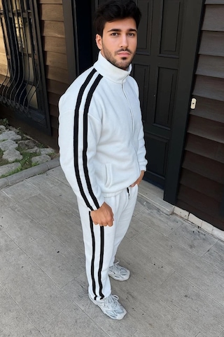 Erkek Çift Şeritli Eşofman Takım Dik Yaka Fermuarlı Sweatshirt Boru Paça Alt, Oversize 3 İplik Pamuk Beyaz