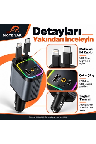 Motenar 4ü 1 Arada Makaralı Araç Şarj Cihazı Type-c Lightning