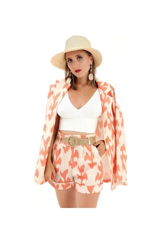 Kemerli Desenli Oversize Blazer Ceket - Turuncu-turuncu Turuncu