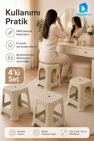 Hasır Görünümlü Küçük Plastik Tabure 4 Lü Set 33 Cm Krem Bej