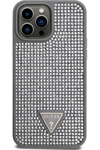 Apple iPhone 13 Pro Max Uyumlu Kılıf Guess Lisanslı Taşlı Arka Yüzey Üçgen Logolu Kapak Gümüş