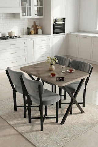 Reyo Falez Elma 110x70 Cm Masa Takımı 4 Sandalyeli Modern Mutfak Balkon Kafe Yemek Masası Seti Traverten - Gri 9886
