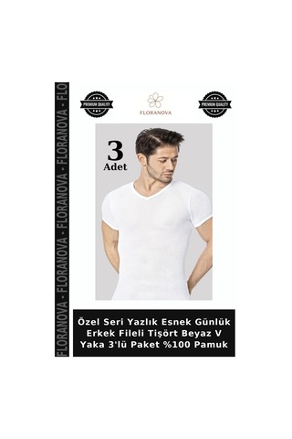 Floranova Özel Seri Yazlık Esnek Günlük Erkek Fileli Tişört Beyaz V Yaka 3'lü Paket %100 Pamuk