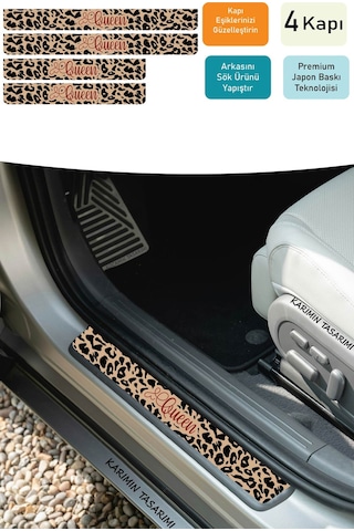 Queen Yazılı Leopar Desenli Karbon Kapı Eşiği Koruyucu Seti 4 Kapı Kadınlara Özel Premium Sticker
