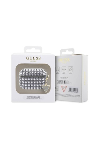 Apple Uyumlu AirPods Pro 2 Kılıf Guess Lisanslı Parıltılı Taş Kaplamalı Üçgen Logo Süs Zincirli Gümüş
