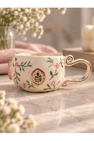 Rose Garden Kupa El Yapımı Seramik Beyaz - Çok Renkli