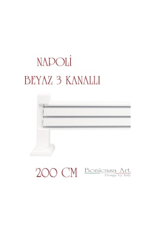 Napoli Ahşap Başlıklı 3 Kanallı Alüminyum Dekoratif Ray Korniş Modern Rustik Beyaz 200 Cm Beyaz