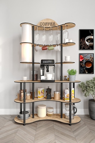 Brew-blıss Mutlu Kahve Köşesi-çok Amaçlı Mutfak Rafı Safir Meşe-lambader Aydınlatmalı Meşe