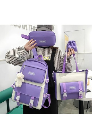 Fengdong 5 Adet/takım Öğrenci Okul Çantası Siyah Beyaz Moda Okul Açık Vizon