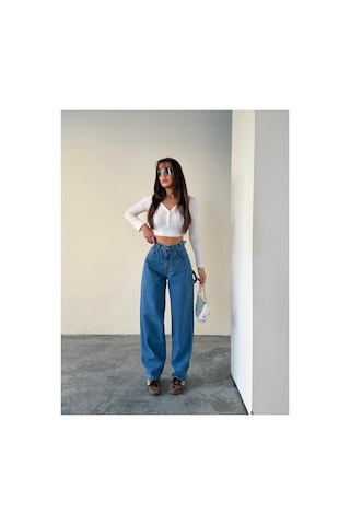 Blue Marlın Yan Kemer Mavi Tokalı Kargo Cep Detaylı Baggy Jeans Mavi