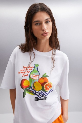 GRIMELANGE Nıtza Kadın %100 Pamuk Oversize Bisiklet Yaka Beyaz T-shirt Beyaz