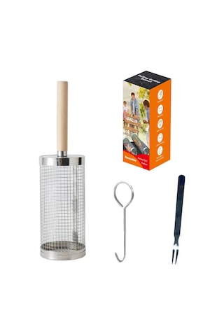 Yaozixa 304 Çelik Kaydırmalı Barbekü Sepeti, Dış Mekan Bbq İçin Ahşap Saplı, Eşit Pişirme, Çelik Çatal Ve Kanca İle Zengin Set Gümüş