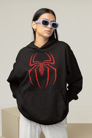 Sevbano Spider-man Logo Baskılı Unisex Oversize Örümcek Adam Hoodie Siyah