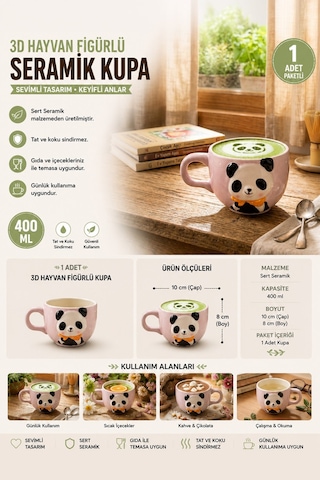 Minizoo 3d Panda Figürlü Sevimli Porselen Kupa Özel Tasarım Hayvan Figürlü Kupa Renklı