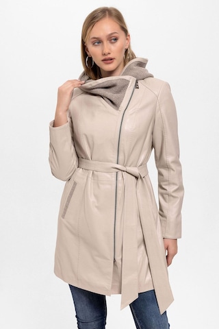 Bej Julia Triko Kapüonlu Kemerli Hakiki Kadın Deri Kaban-bej Bej