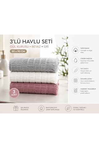 3'lü Pamuklu El Yüz Havlusu Seti 50x90 Cm Yumuşak Dokulu Yüksek Emici Günlük Kullanım Havlu Gri