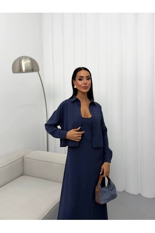 İn Mood Askılı Elbise Gömlek İkili Modal Takım Lacivert