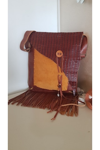 Taba Ve Camel Hakiki Deri El Yapımı Püsküllü Çanta Açık Vizon - Taba