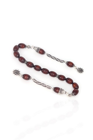 Arpa Kesim Gümüş Püsküllü Fırınlanmış Sıkma Kehribar Zaza Tesbih 201022891 Bordo