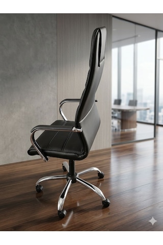 Müdür Ofis Koltuğu, Yönetici Ofis Koltuğu, Siyah Deri, Krom Ayak, Yüksek Sırt Siyah