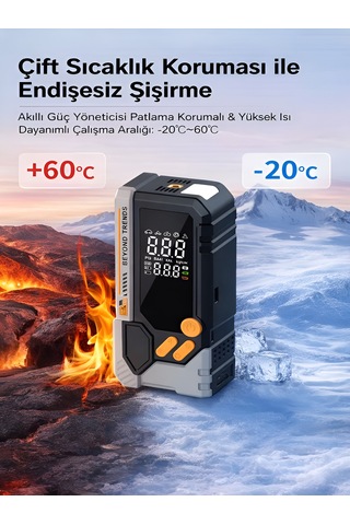 10000mah Akü Takviyeli Hava Pompası Kompresör Powerbank 150 Psı Led Fener Akıllı Basınç Siyah - Abs+