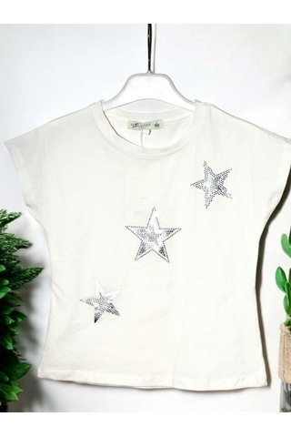 Escabel Kız Çocuk Pamuklu Yıldız Taşlı Kısa Kol T-shirt-15715 Ekru