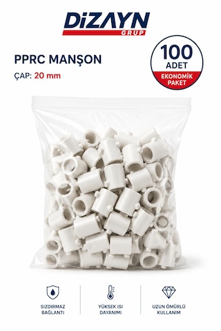 Dizayn Pprc Manşon 20 Mm 100 Adet Pn25 Temiz Su Tesisat Ek Parçası