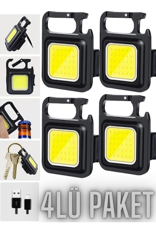 4 Adet Led Anahtarlıklı Metal Kasa El Feneri Cep Boy Cob 800mah Siyah