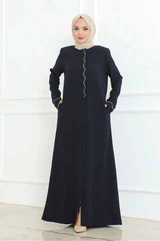 Büyük Beden Taş Detaylı Ferace Lacivert