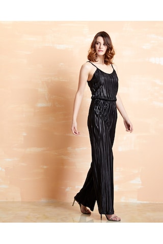 Serpil Exclusive Pliseli Geniş Paça Saten Dokulu Pantolon Işıltılı Ve Rahat Tasarım Siyah