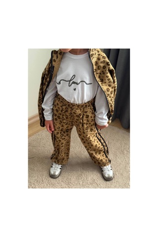 Toikids Kız Çocuk Gabardın Kumaş,leopar Şerit Detaylı 3lü Takım Kahverengi