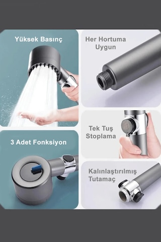 3 Fonksiyonlu Start Stop Tuşlu Filtreli Basınçlı Masaj Etkili Duş Gri