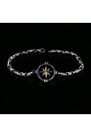 Fkgümüş 925 Ayar Gümüş Oniks Taşlı Pusula Erkek Bilekik Gümüş